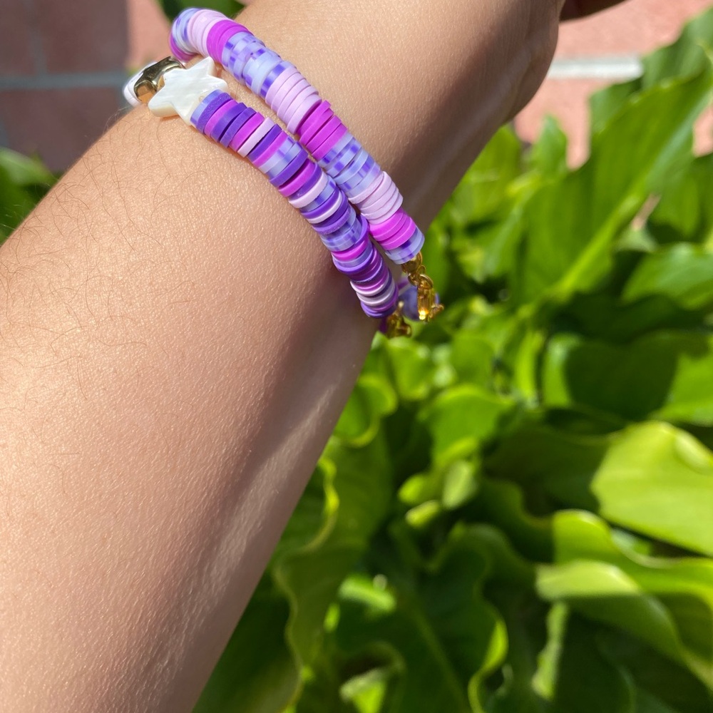 Hand Made -Purple Be Happy Beaded Bracelet with white/gold stars - Picture 6 of 7